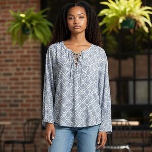 Womens Blue Pattern Lace-Up Long-Sleeve Blouse